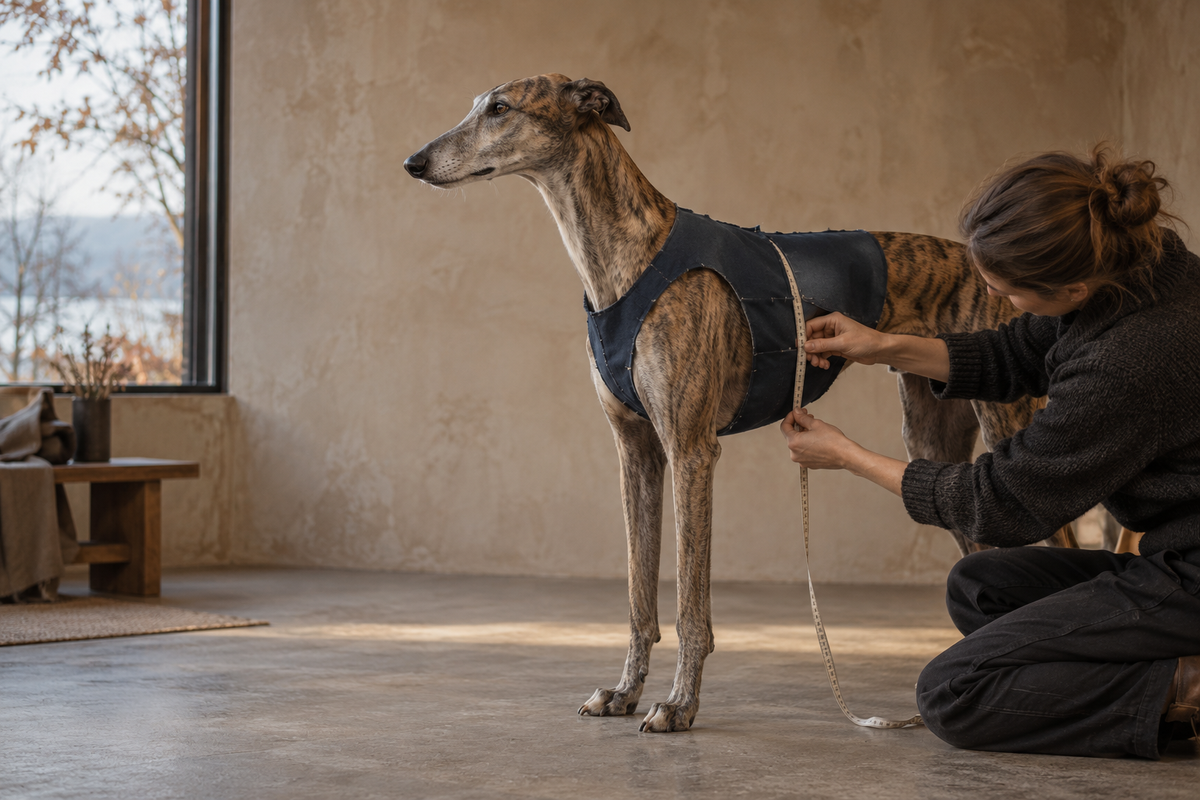 Konzeptvisualisierung: Ein gestromter Windhund steht im Atelier, eine Person misst an einem Schnittentwurf den Brustumfang.